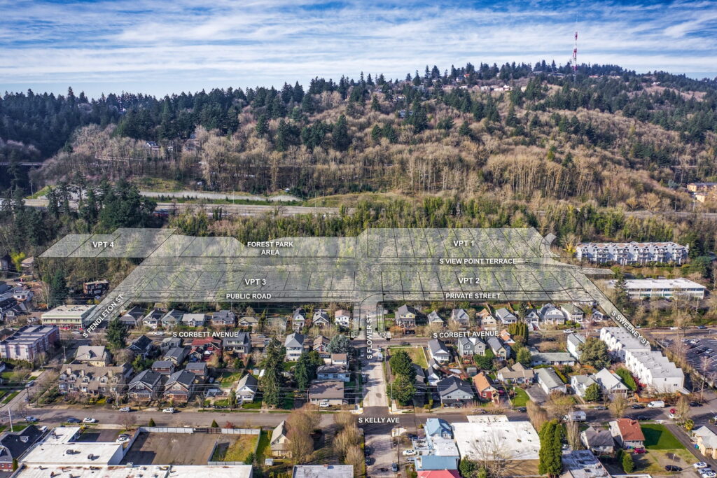 Aerial view of pre-plat approved residential land site in SW Portland near South Waterfront with 32 approved lots and conceptual street layout overlay.