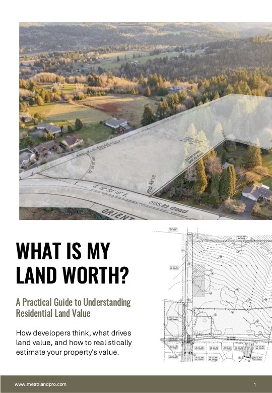 Cover of Metro Land Pro's "What Is My Land Worth?" guide explaining how developers value residential development land and estimate land value.